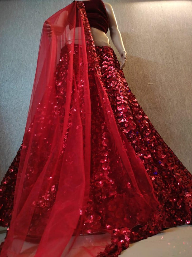 Red pure velvet sequence flower work wedding lehenga choli