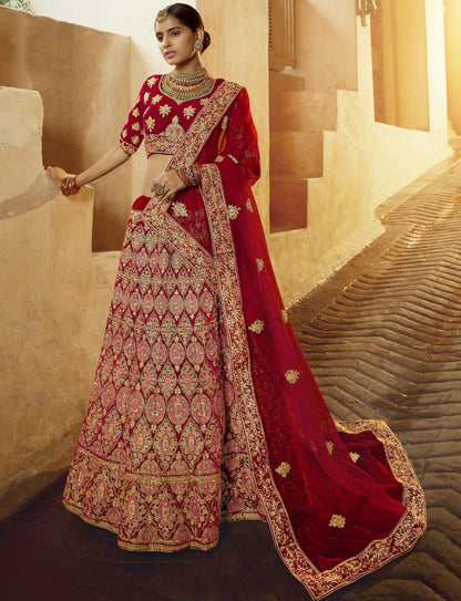 Red pure velvet Thread and zari work bridal heavy lehenga choli