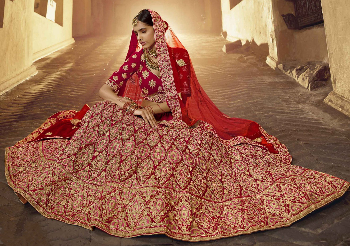 Red pure velvet Thread and zari work bridal heavy lehenga choli