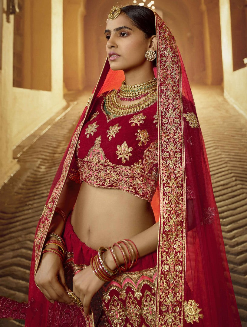 Red pure velvet Thread and zari work bridal heavy lehenga choli
