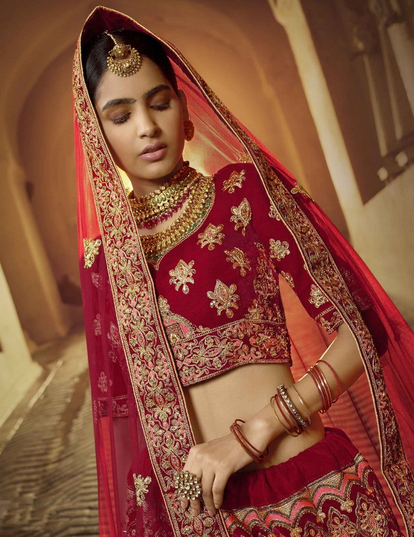 Red pure velvet Thread and zari work bridal heavy lehenga choli