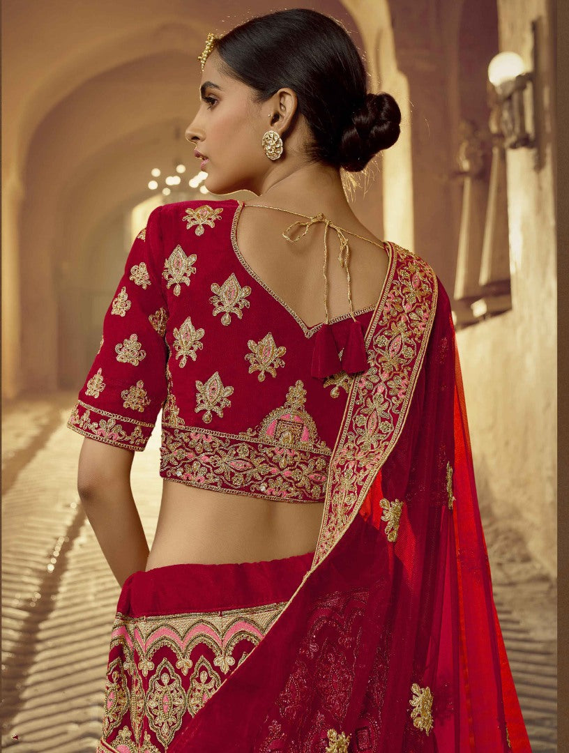Red pure velvet Thread and zari work bridal heavy lehenga choli