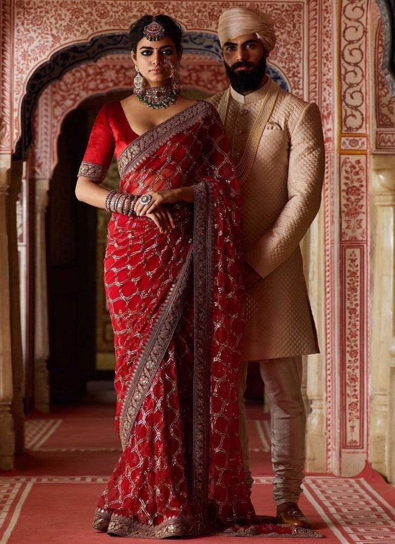 red rangoli georgette silk designer bollywood style embroidered saree