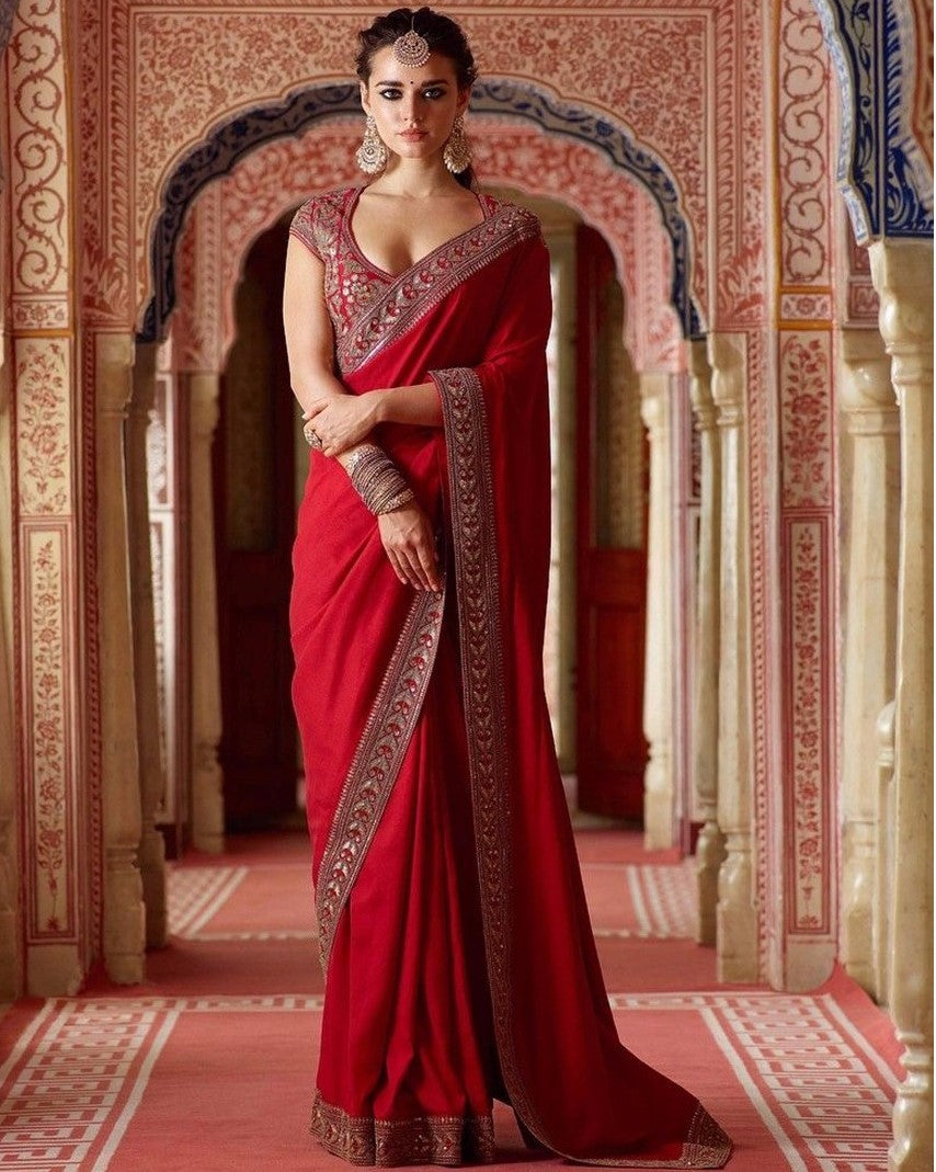 red rangoli georgette silk embroidered designer wedding saree