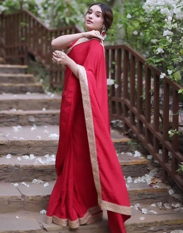 Red rangoli silk thread sequence work party wear saree