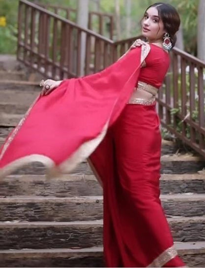 Red rangoli silk thread sequence work party wear saree