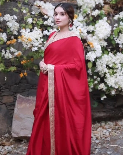 Red rangoli silk thread sequence work party wear saree