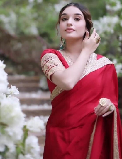 Red rangoli silk thread sequence work party wear saree