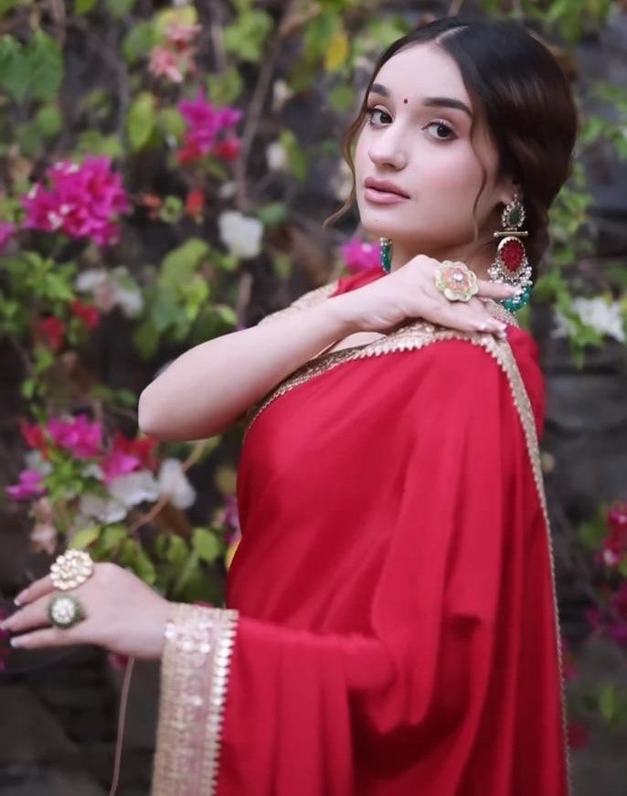 Red rangoli silk thread sequence work party wear saree