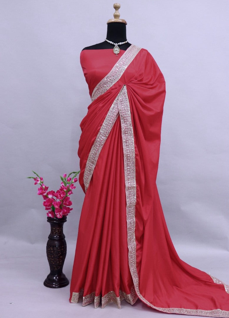 Red rangoli silk thread sequence work party wear saree