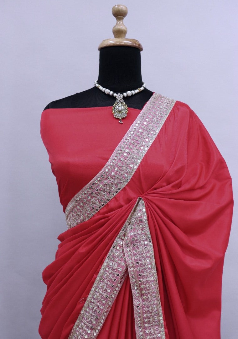 Red rangoli silk thread sequence work party wear saree