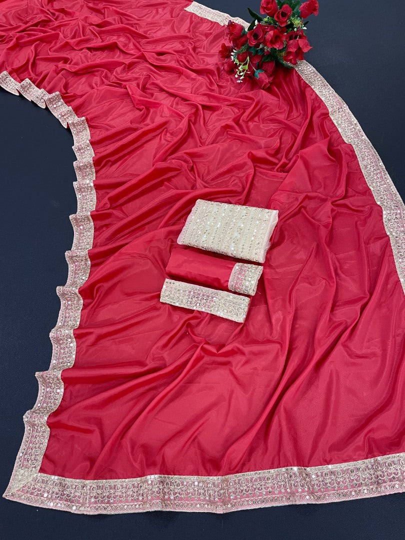 Red rangoli silk thread sequence work party wear saree