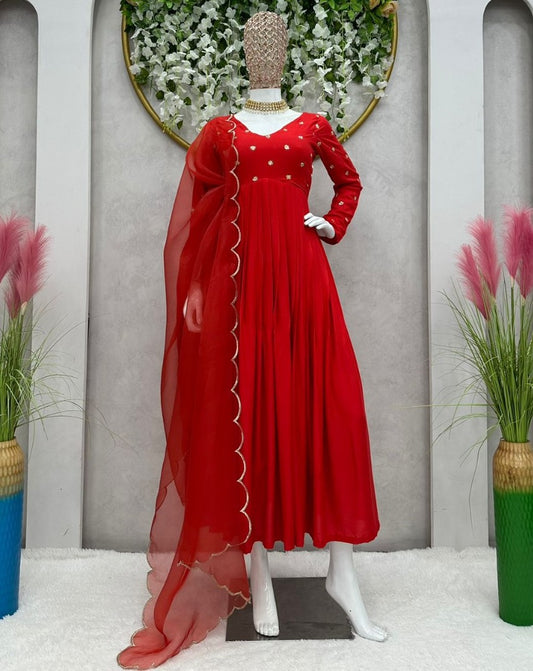 Red rayon sequence work party wear gown