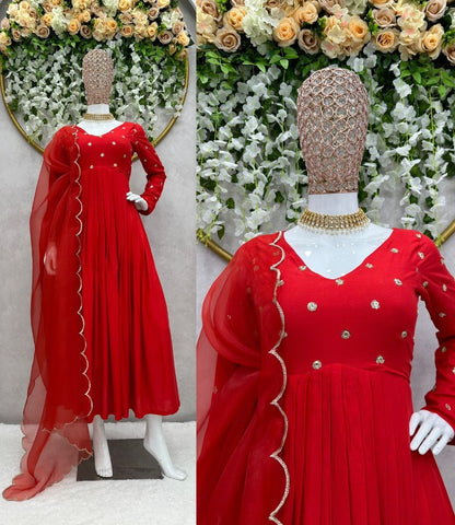 Red rayon sequence work party wear gown