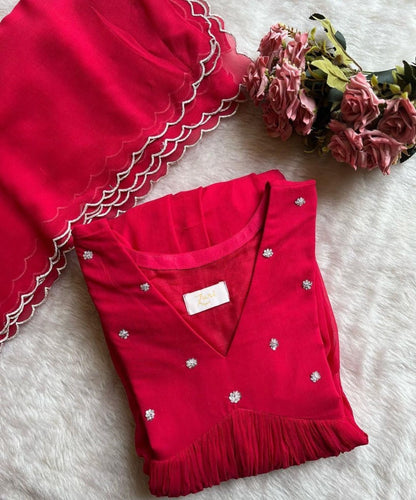Red rayon sequence work party wear gown