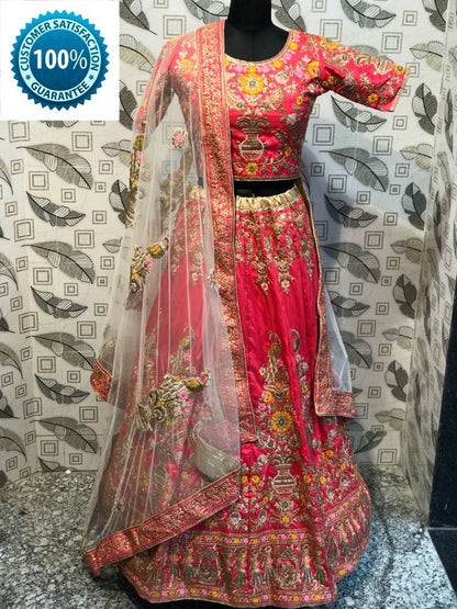 Red rubi silk heavy embroidered bridal lehenga