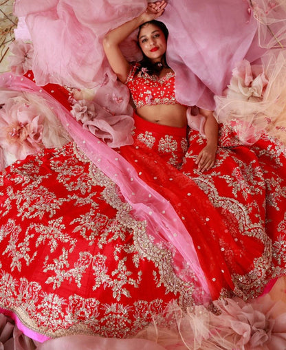 Red ruby silk designer heavy embroidered bridal wedding lehenga