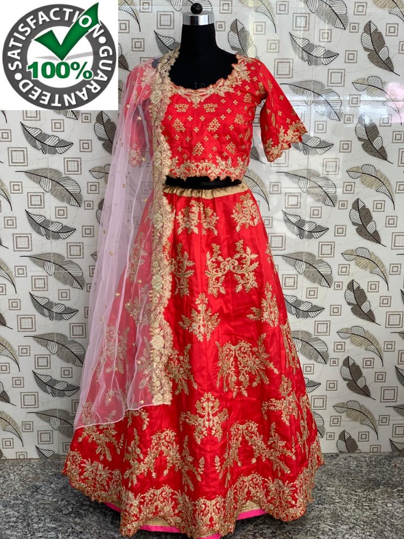 Red ruby silk designer heavy embroidered bridal wedding lehenga