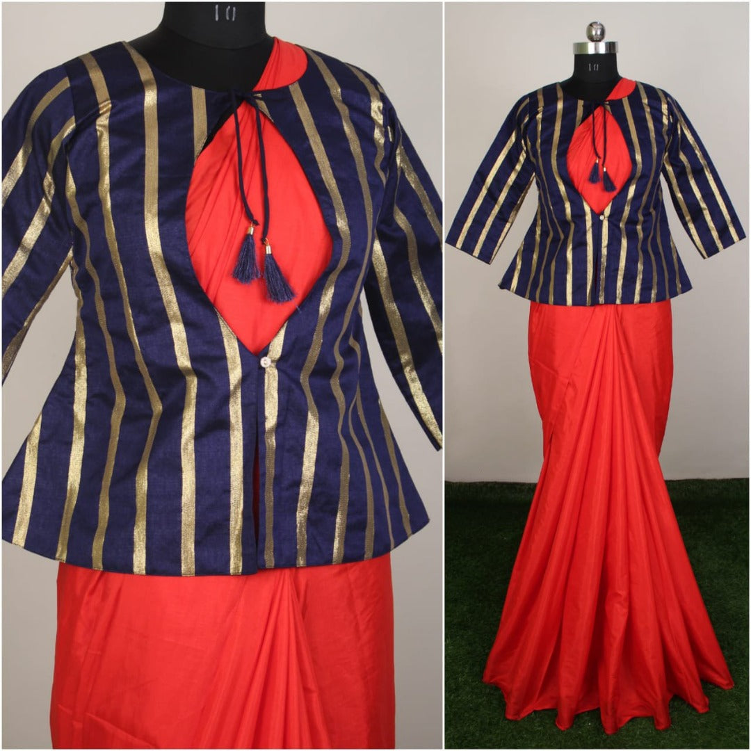 Red sana silk saree with jacket
