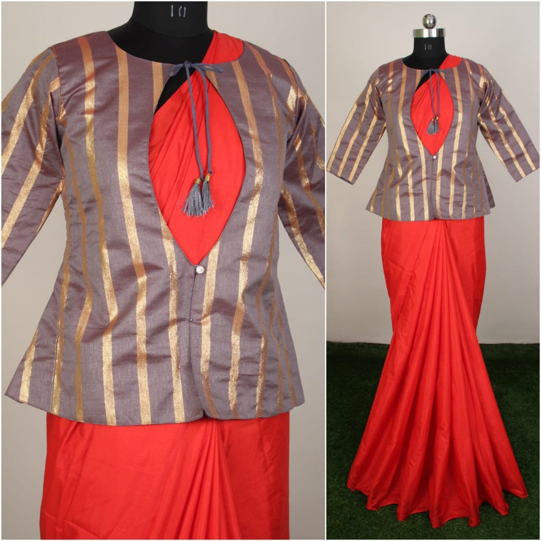 Red sana silk saree with jacket