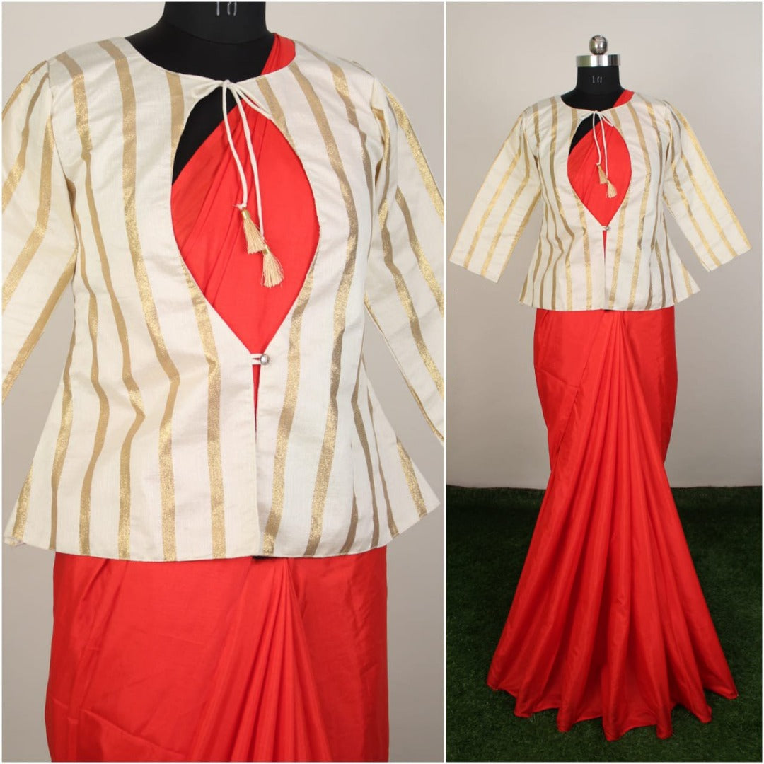 Red sana silk saree with jacket
