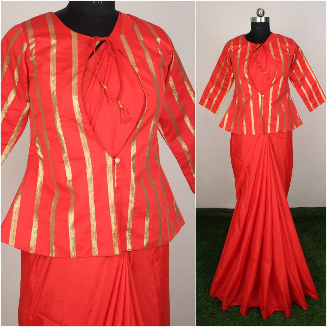 Red sana silk saree with jacket