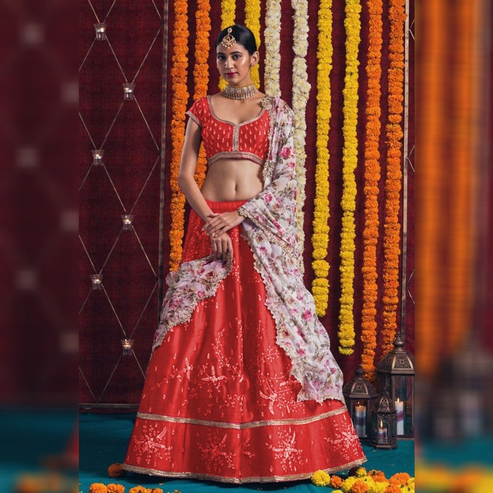 Red satin banglory beautiful embroidered designer wedding lehenga choli