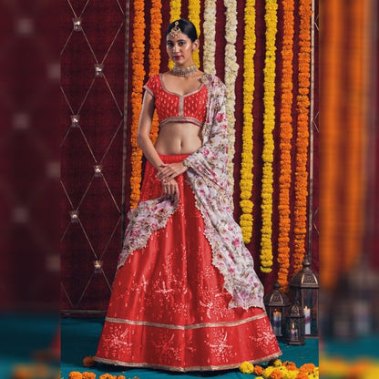 Red satin banglory beautiful embroidered designer wedding lehenga choli
