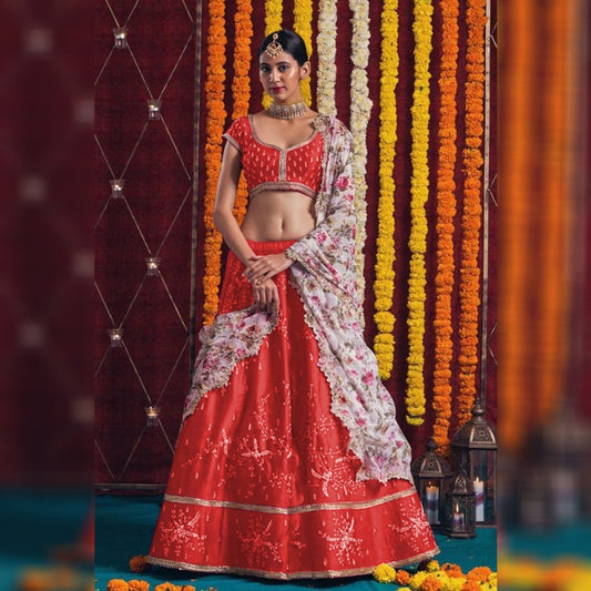 Red satin banglory beautiful embroidered designer wedding lehenga choli