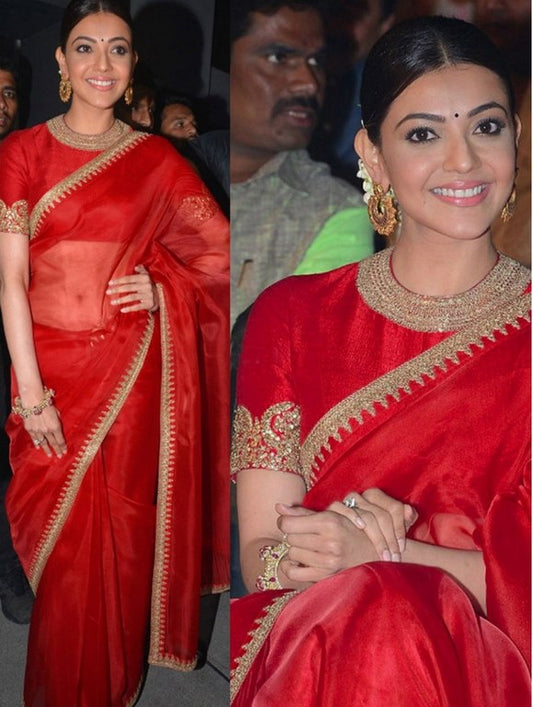 Red satin chiffon georgette bollywood style partywear saree