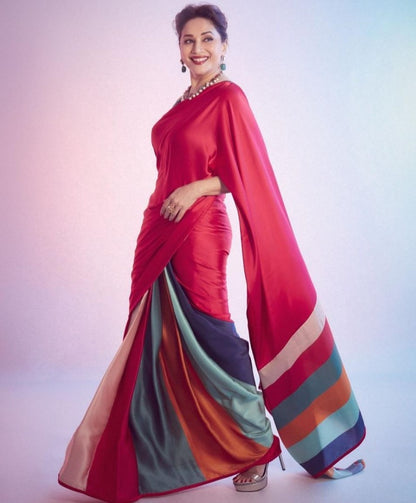 Red satin digital printed saree