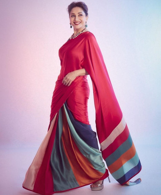 Red satin digital printed saree