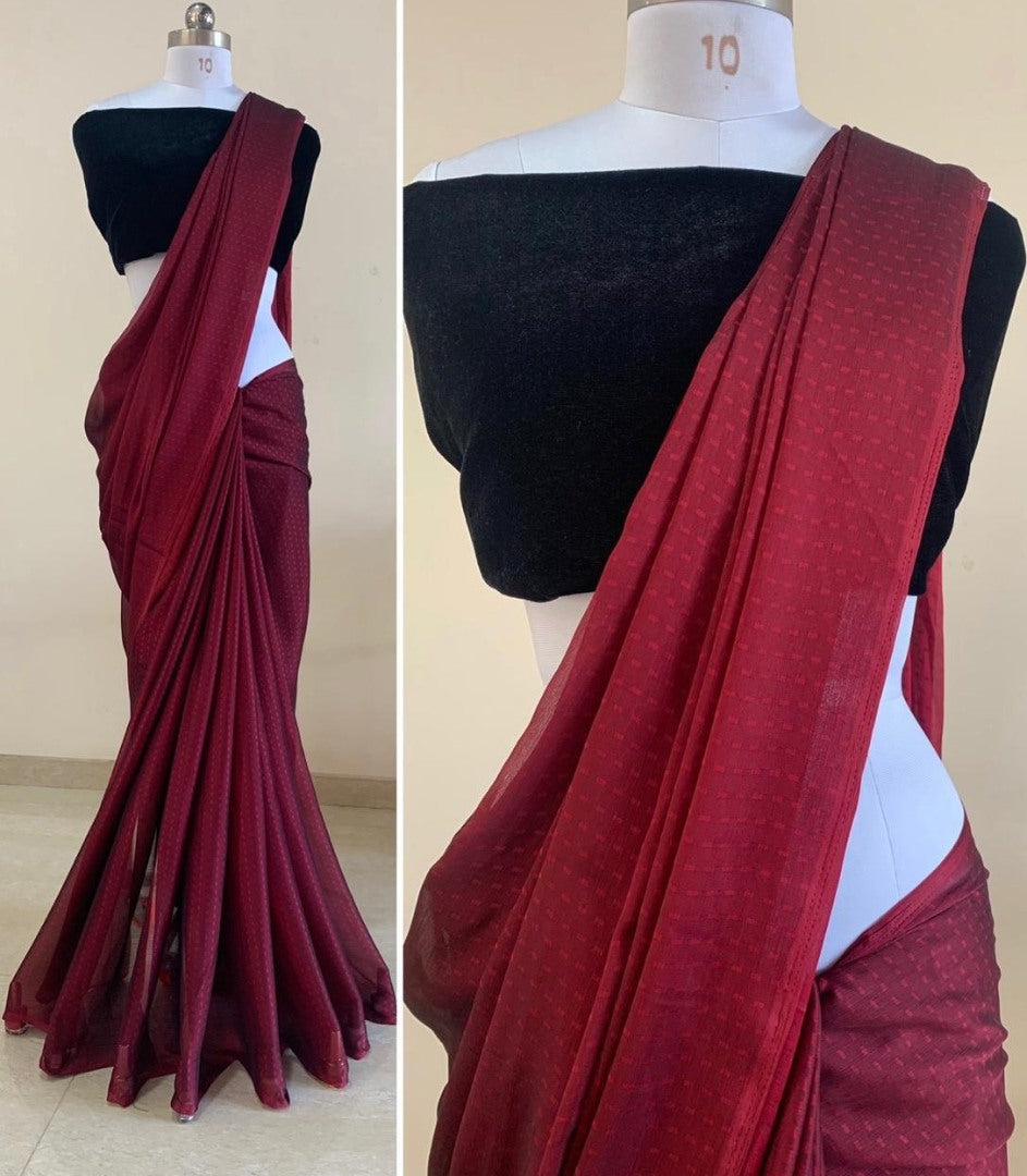 Red satin georgette party wear saree