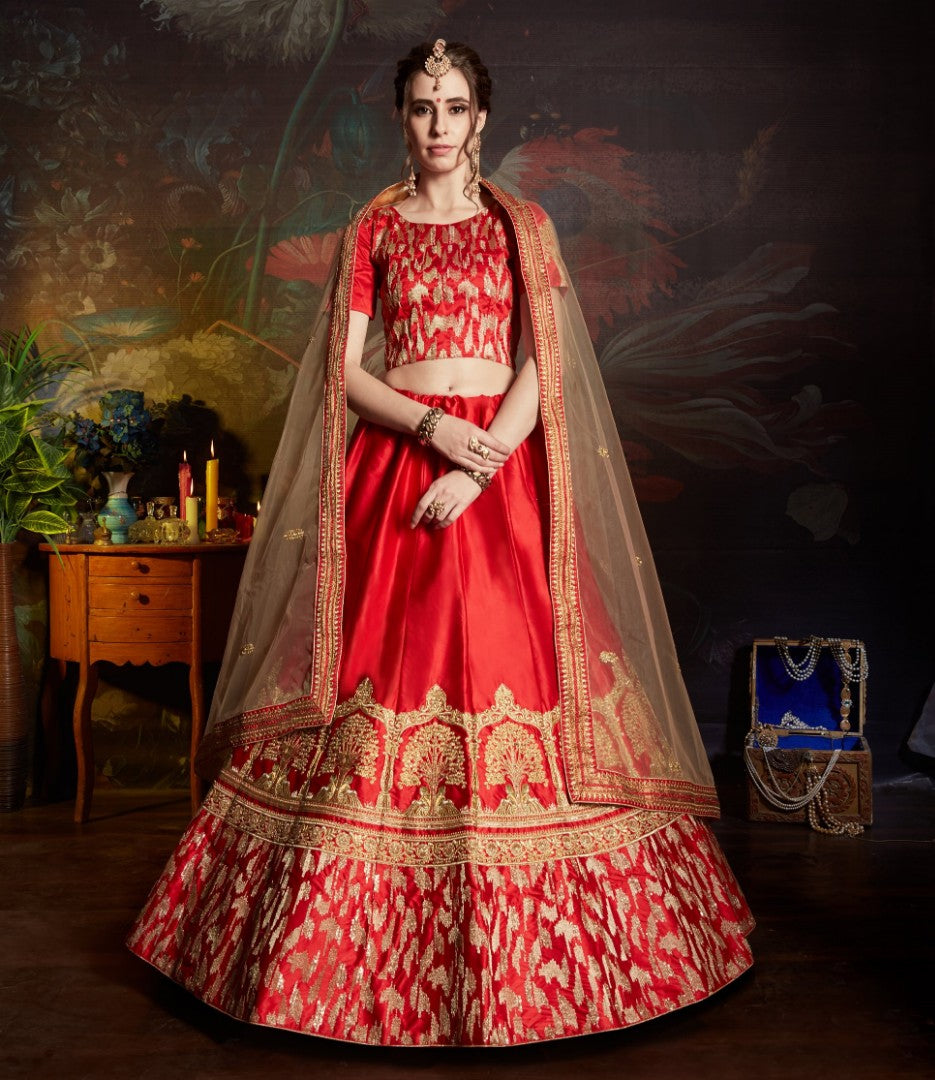 red satin heavy embroidered bridal wedding lehenga