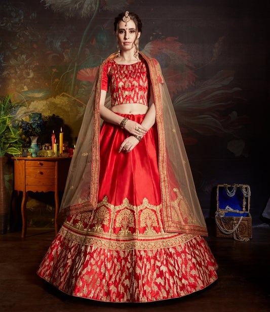 red satin heavy embroidered bridal wedding lehenga