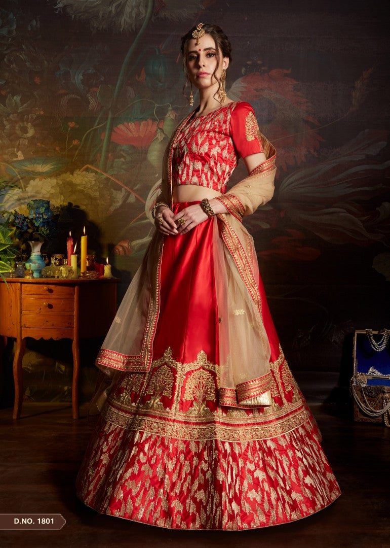 red satin heavy embroidered bridal wedding lehenga