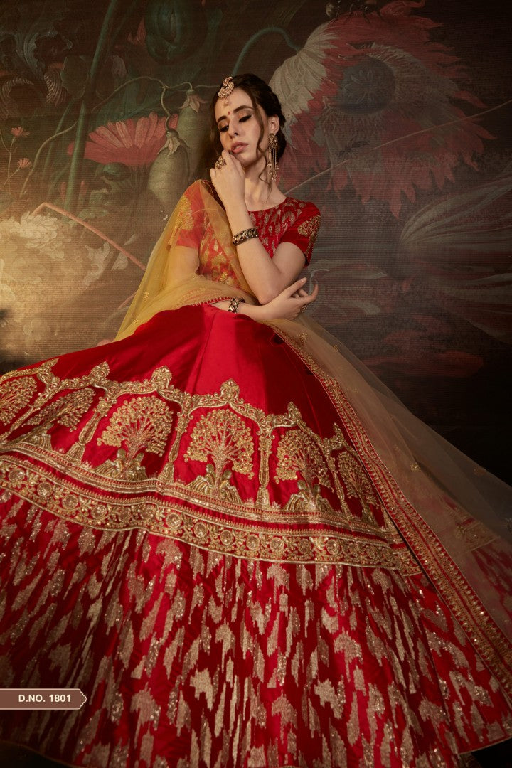 red satin heavy embroidered bridal wedding lehenga