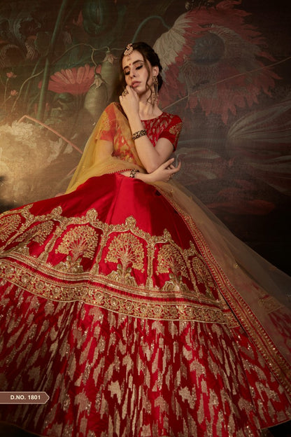 red satin heavy embroidered bridal wedding lehenga