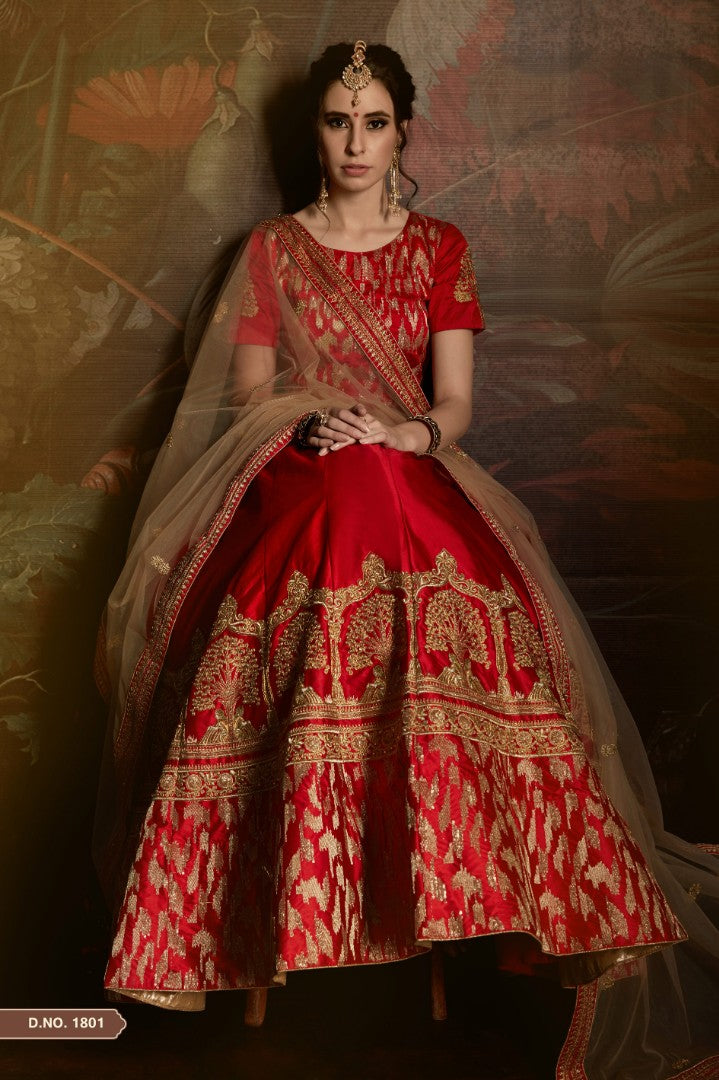 red satin heavy embroidered bridal wedding lehenga