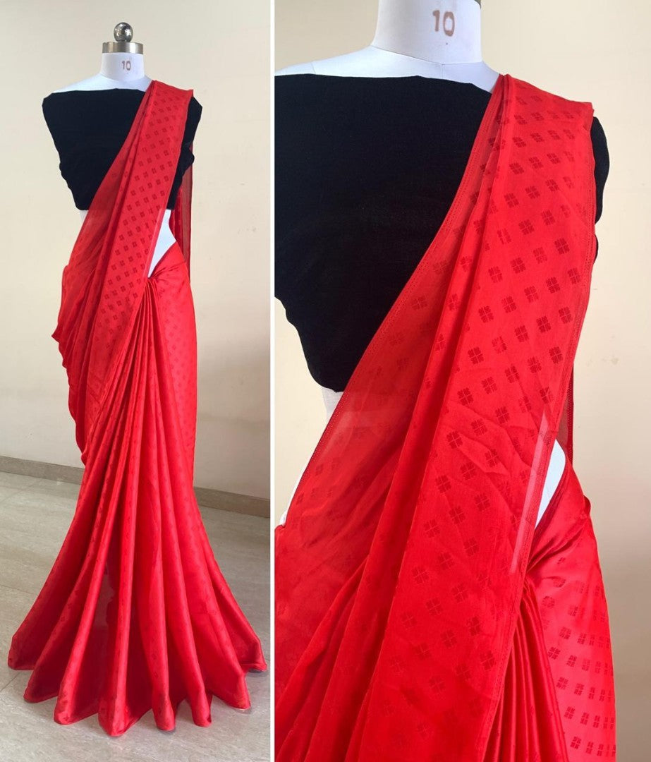 Red satin jacquard saree