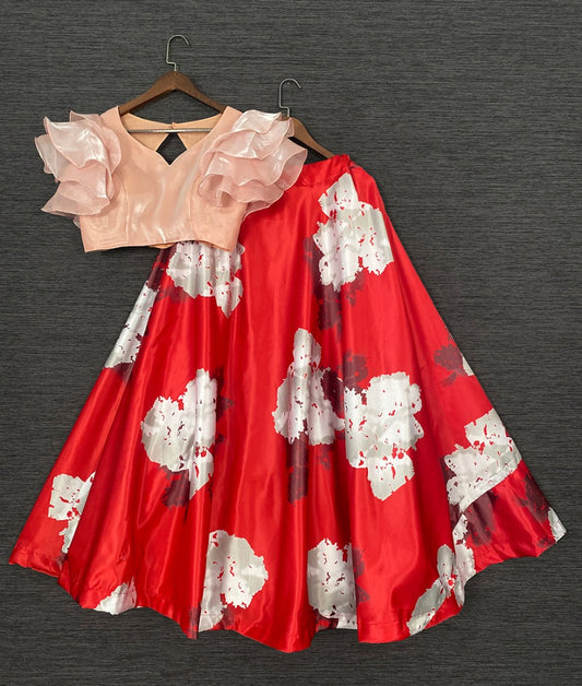 Red satin printed crop top lehenga