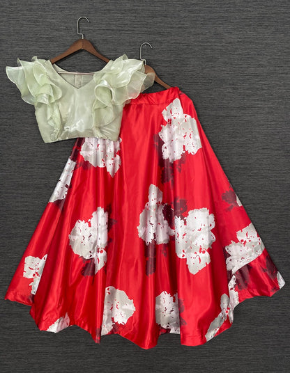 Red satin printed crop top lehenga