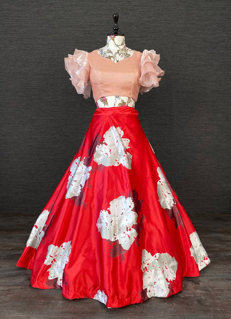 Red satin printed crop top lehenga