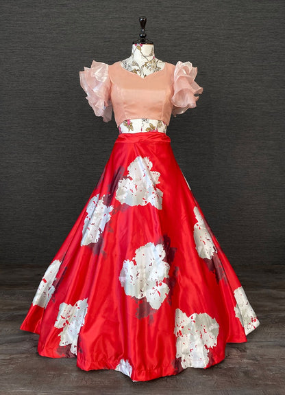 Red satin printed crop top lehenga