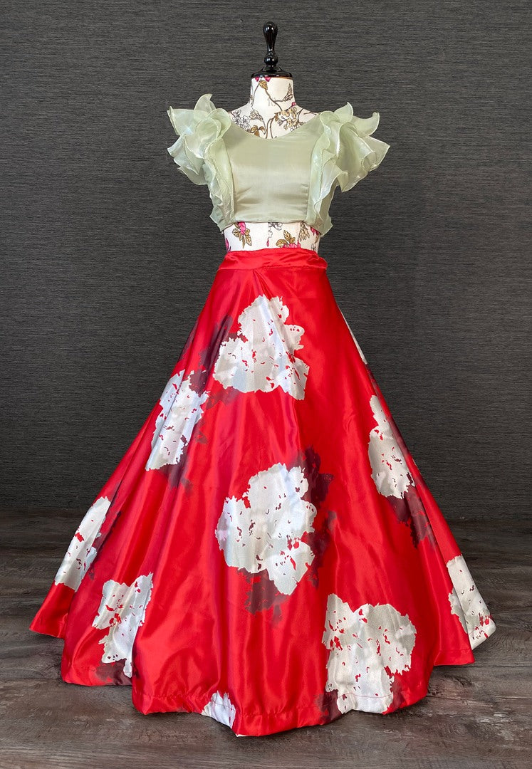 Red satin printed crop top lehenga