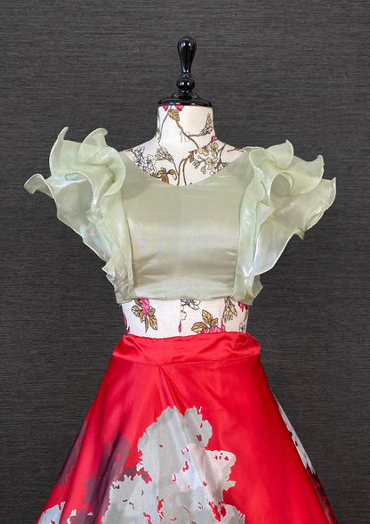 Red satin printed crop top lehenga