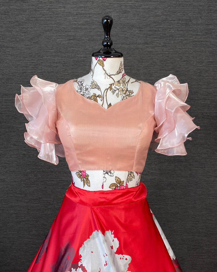 Red satin printed crop top lehenga