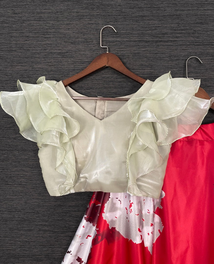 Red satin printed crop top lehenga