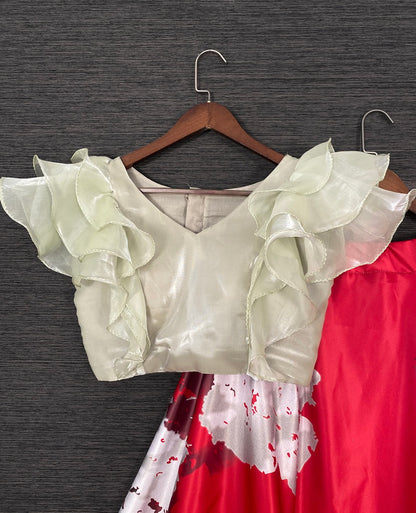 Red satin printed crop top lehenga