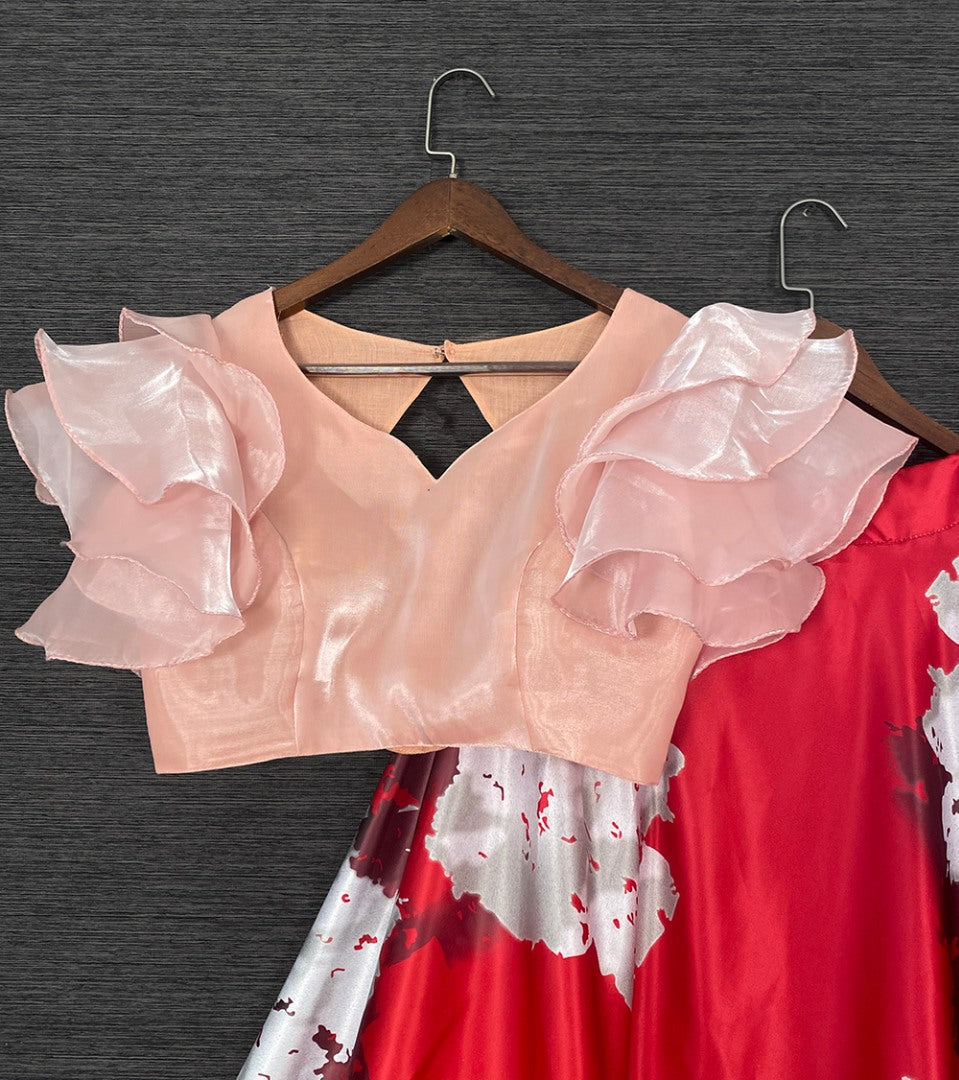 Red satin printed crop top lehenga